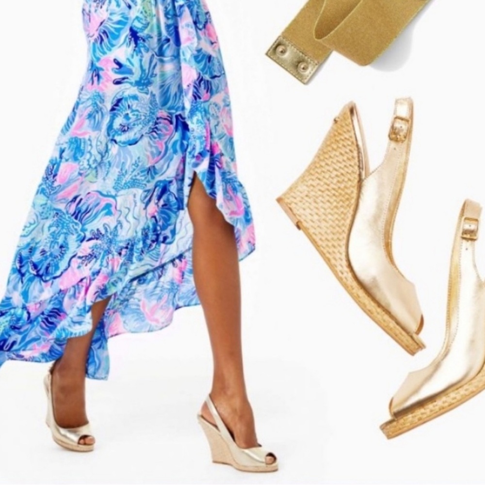 Lilly Pulitzer “Gigi” Gold Metallic Slingback Wedge Sandal Women's Size 7